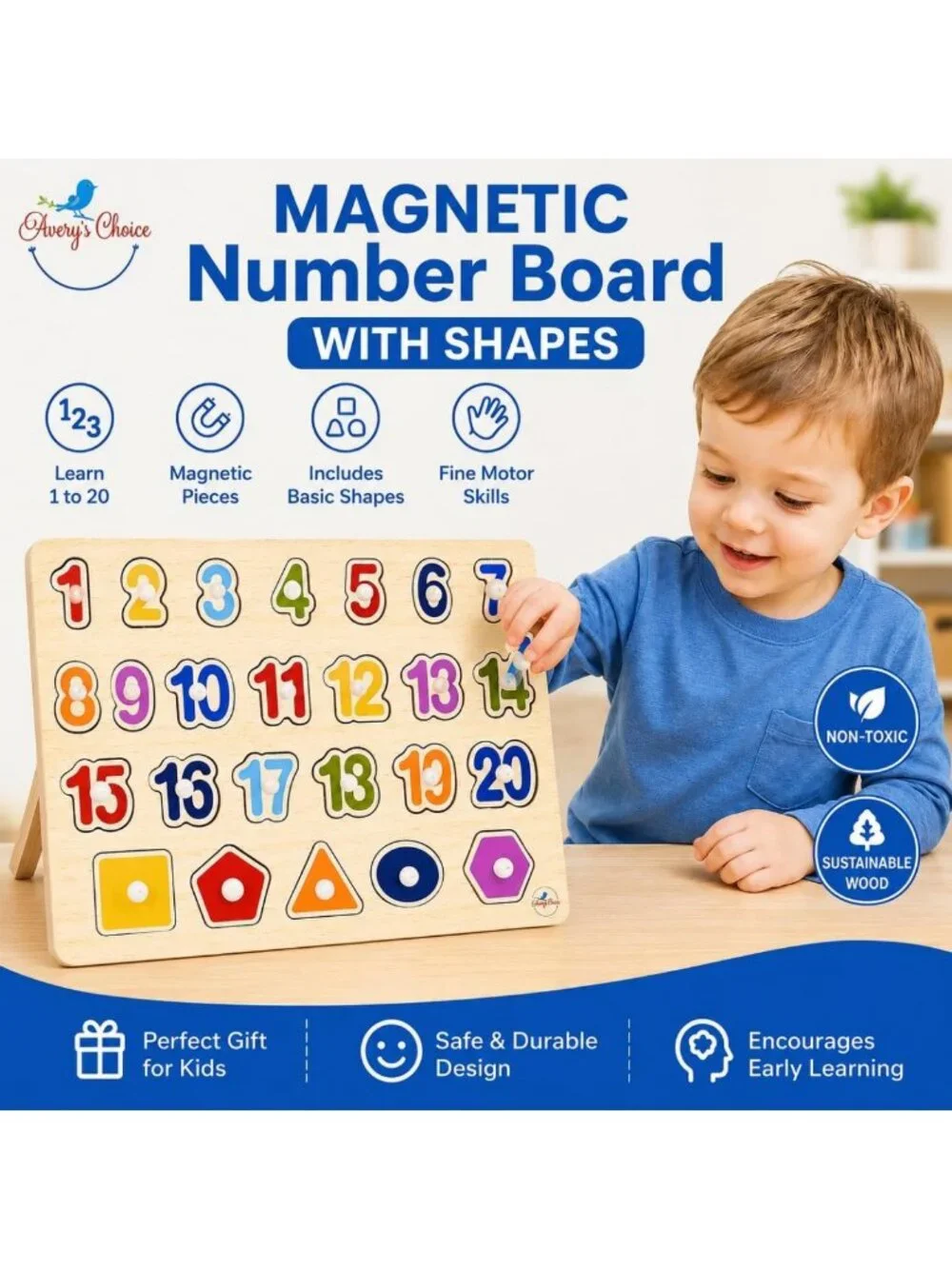 Magnetic Wooden Number & Shape Recognition Puzzle | 13 Colorful Pieces, 36